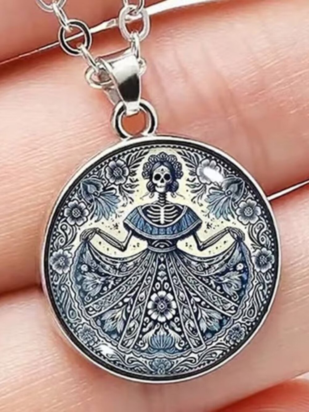 Silver Skeleton Day of the Dead Goth Mosaic Style Pendant Necklace